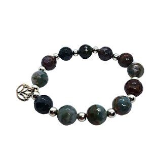 Jasper beaded stretch bracelet green lotus charm